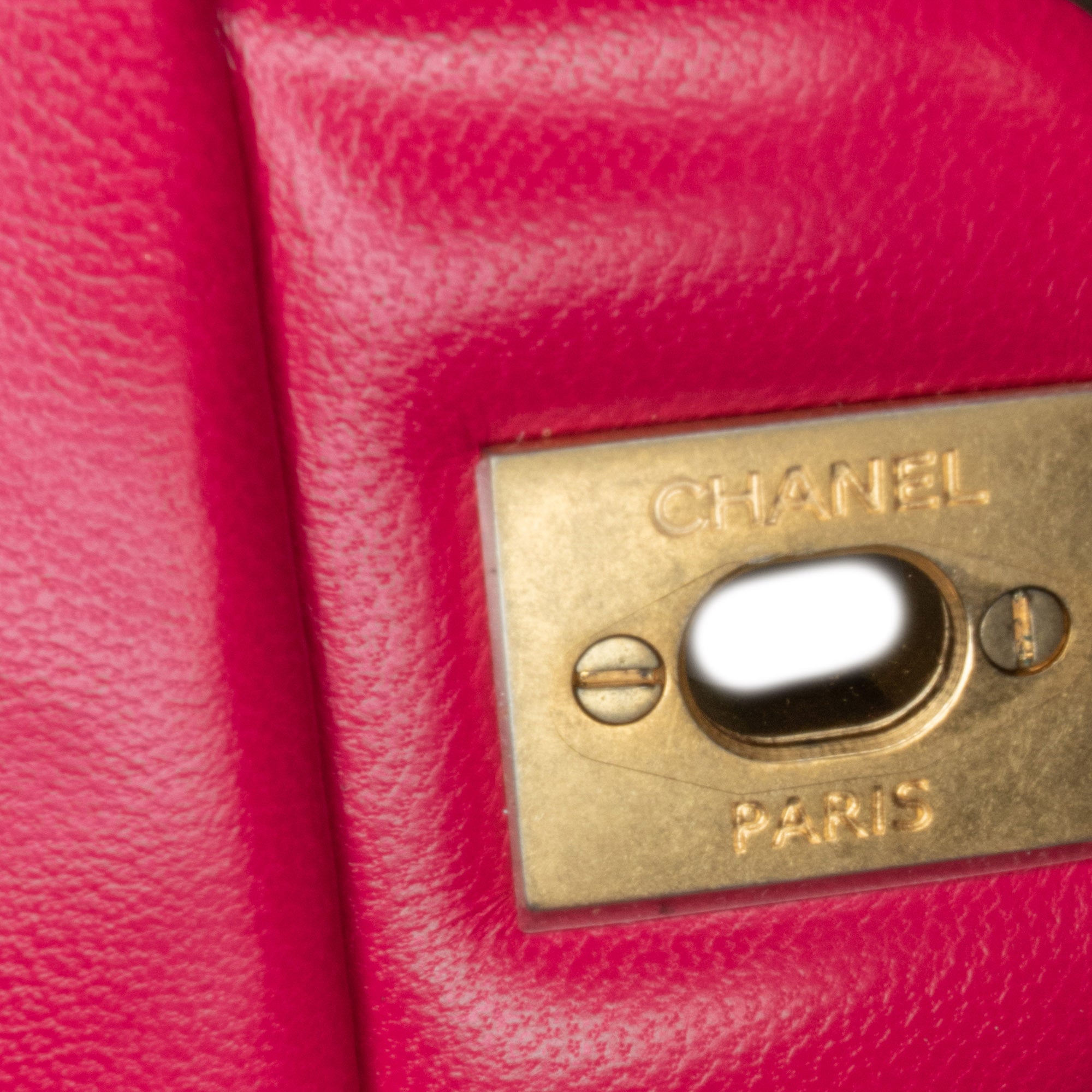 Chanel | Pre-Owned Mini Square Classic Lambskin Pearl Crush Single Flap | Pink/Dark Pink