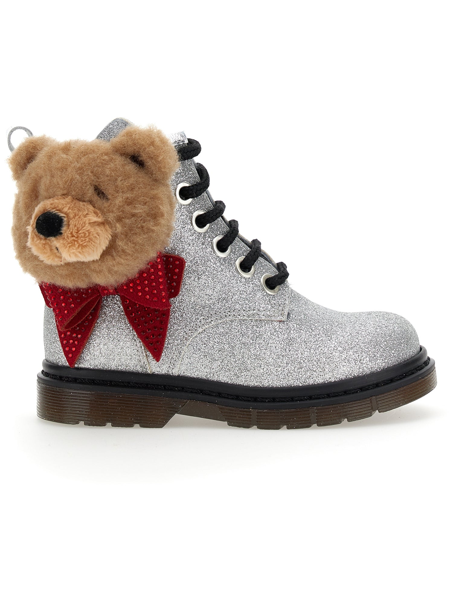 Girls | Fine Glitter Combat Boots With Maxi Teddy Bear | Silver Glitter