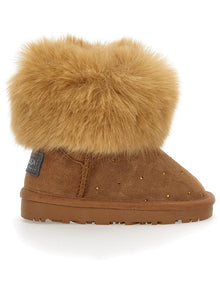 Girls | Crusted Leather Boots With Rhinestones | Dark Brown