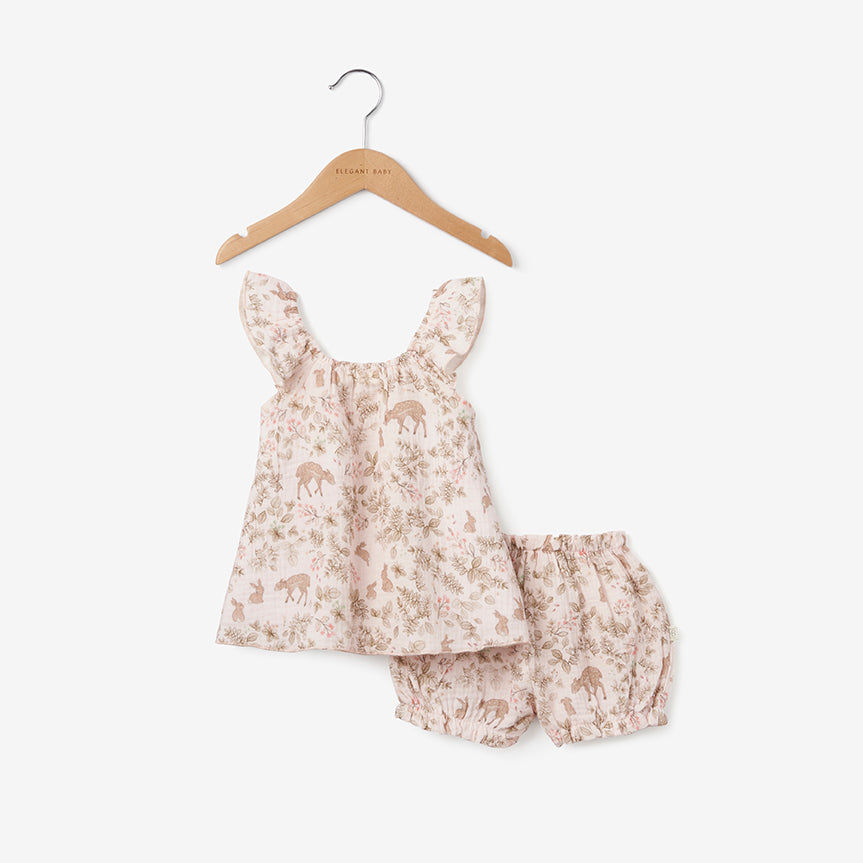 Girls | Woodland Print Organic Muslin Bubble Baby Romper | Pink