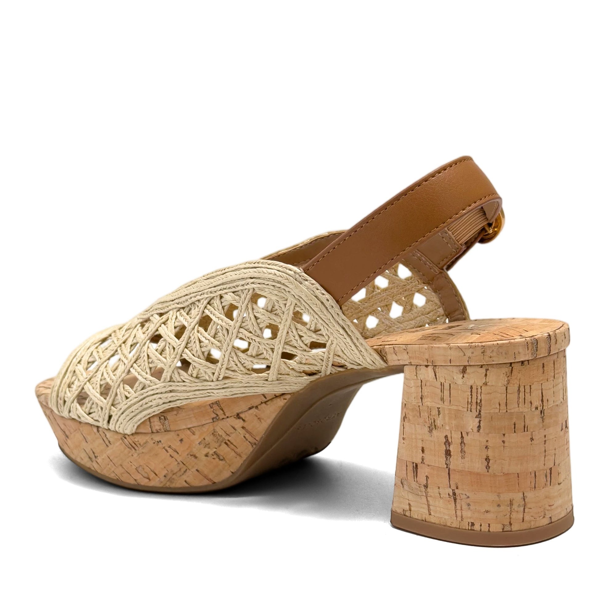 Clora Sandal Block Heel | Natural/Tan Crochet Raffia/Faux Nappa