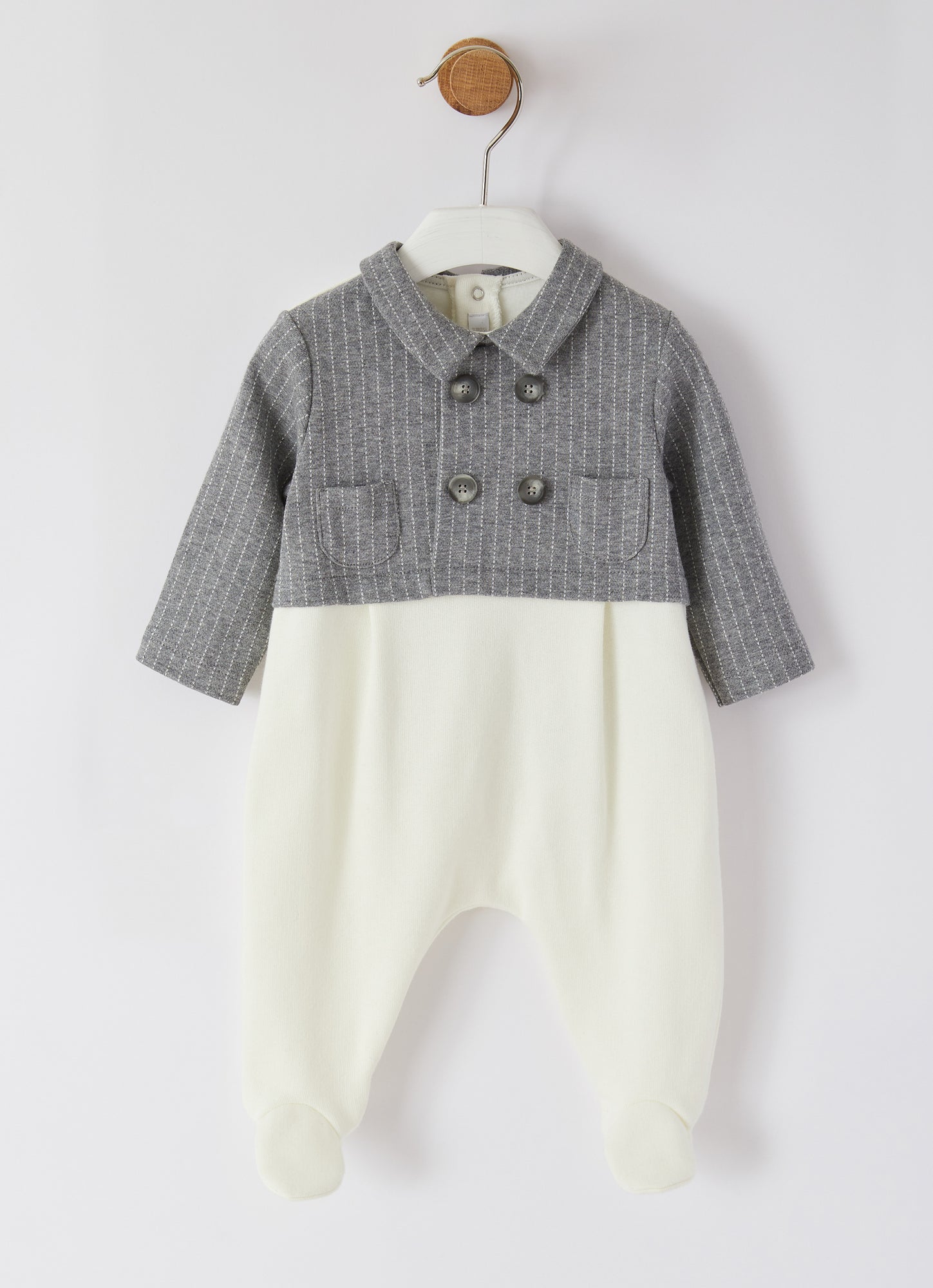 Foot Onesie with Pinstripe Jacket | Milk/Dark Grey