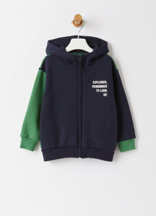 Color-Block And Printed Message Fleece Jacket | Navy Blue/Dragon Green