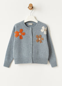 Wool Cardigan with Embroidered Flowers | Night Sky/Curcuma