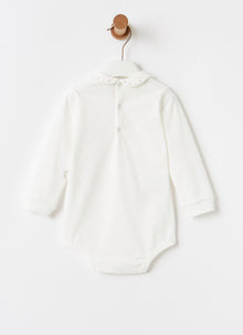 Bodysuit with Dot Trimmed Round Collar | Latte/Beige