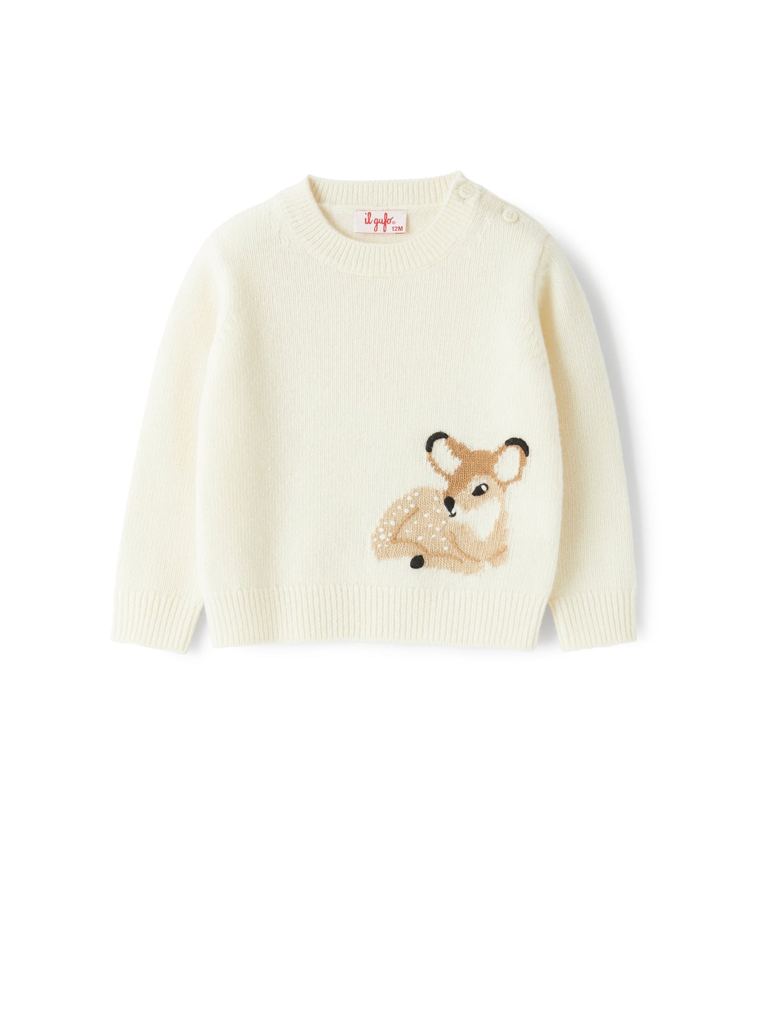 Round-Neck Sweater with An Embroidered Fawn | Latte/Betulla