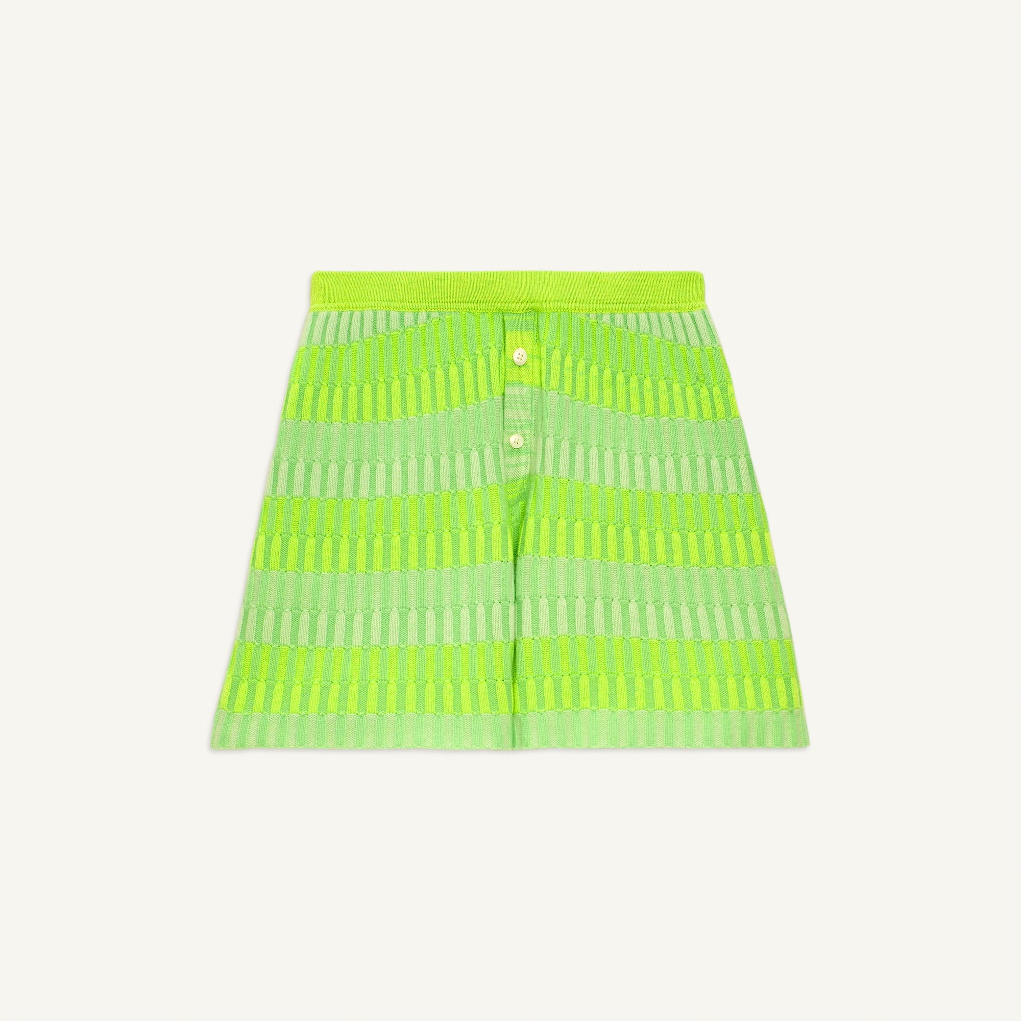 Domino Everywear Short in Neon Lemon and Neon Lime striped plaited-cable design, lightweight 100% cashmere knit shorts.