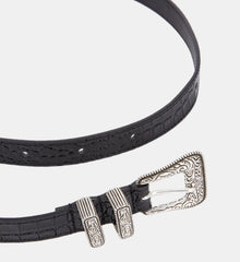 Crocodile Effect Leather Belt With Western Buckle | Women | Black