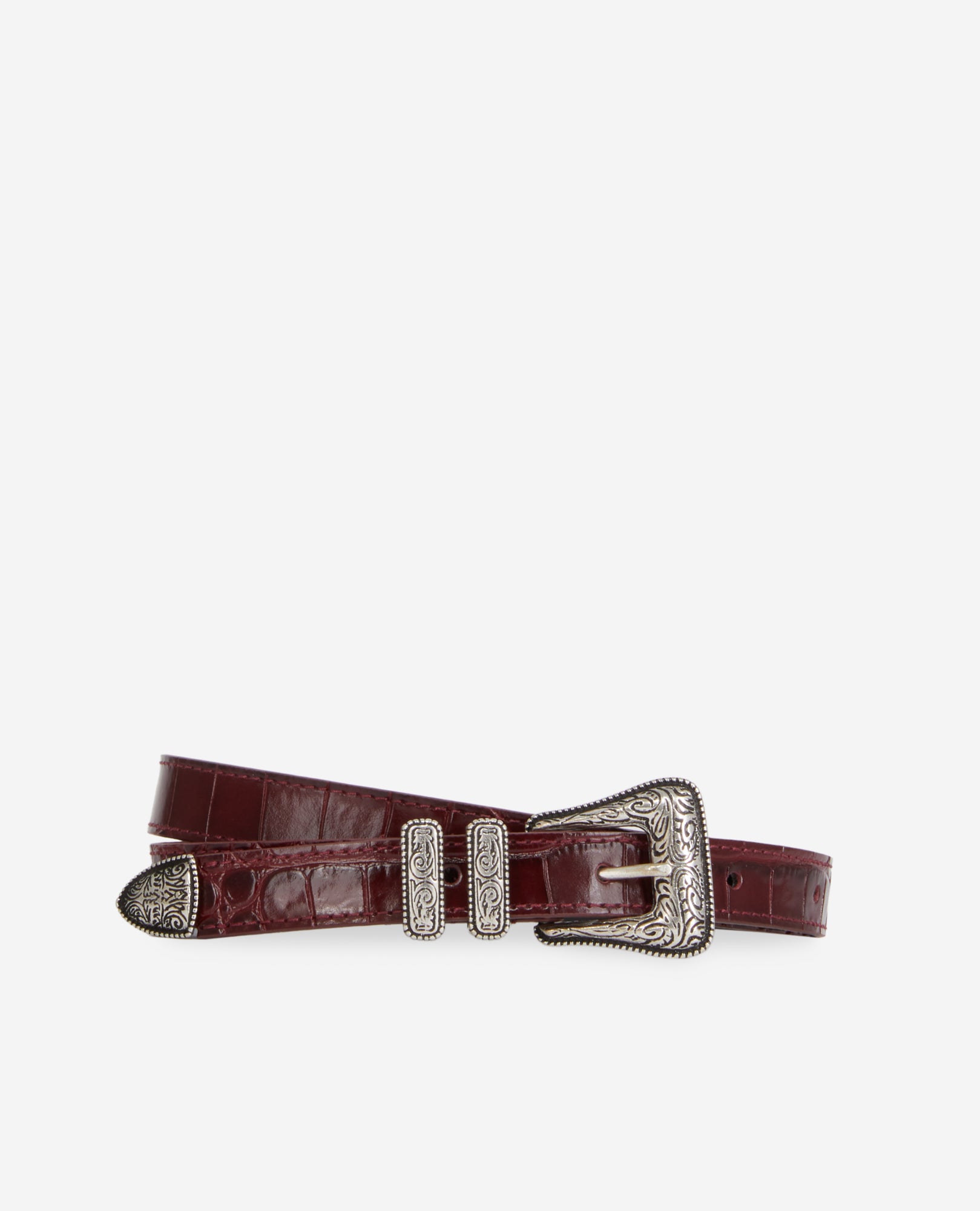 Burgundy Crocodile-Effect Leather Belt With Western Buckle | Women | Bordeaux