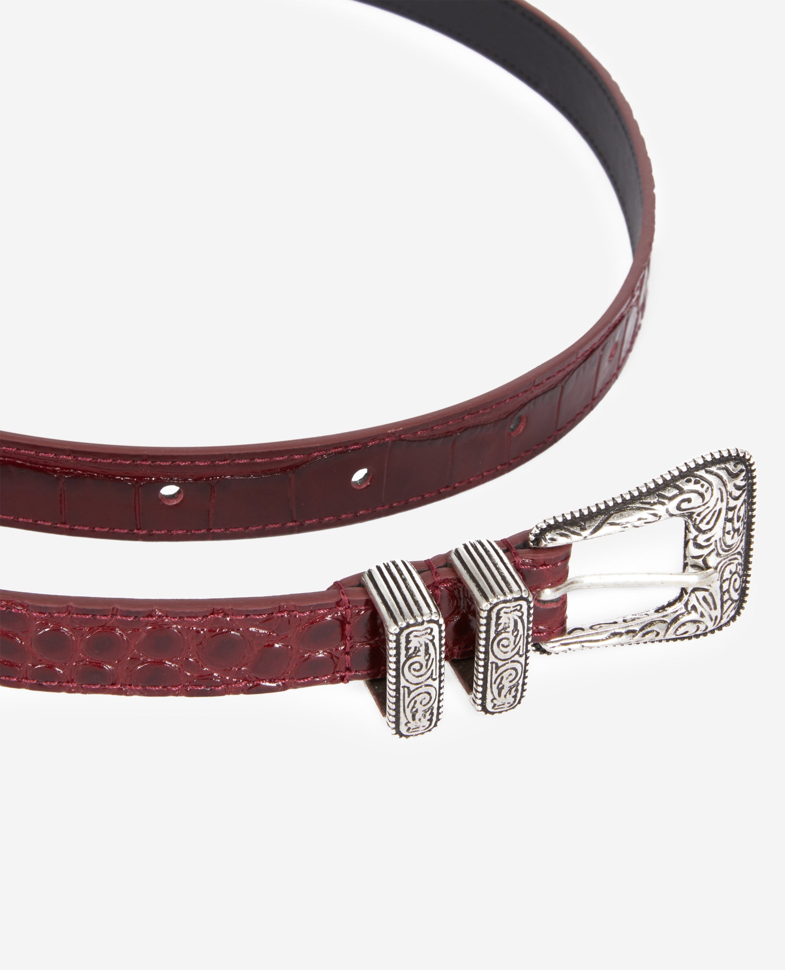 Burgundy Crocodile-Effect Leather Belt With Western Buckle | Women | Bordeaux