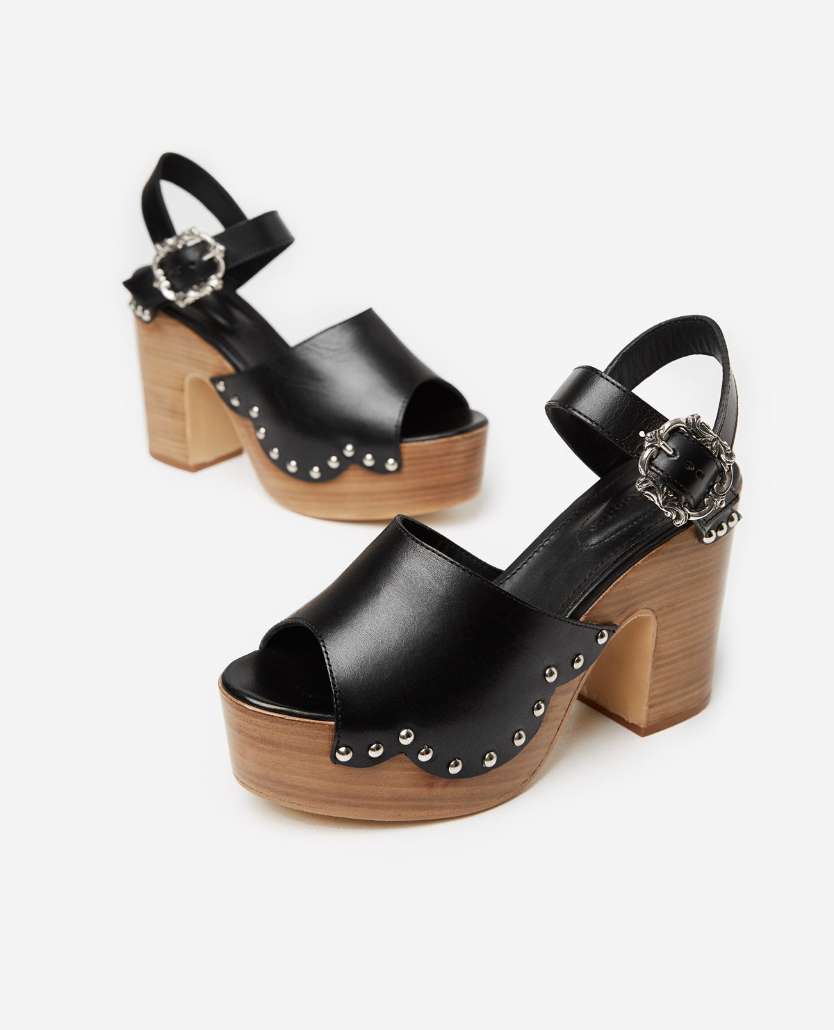 Leather And Wood Sandals With Heels | Women | Black