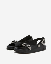 Flat Leather Sandals With Western Details | Women | Black