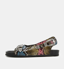 Flat Leather Sandals W/ Colored Snake Effect | Women | Black x Pink x Yellow