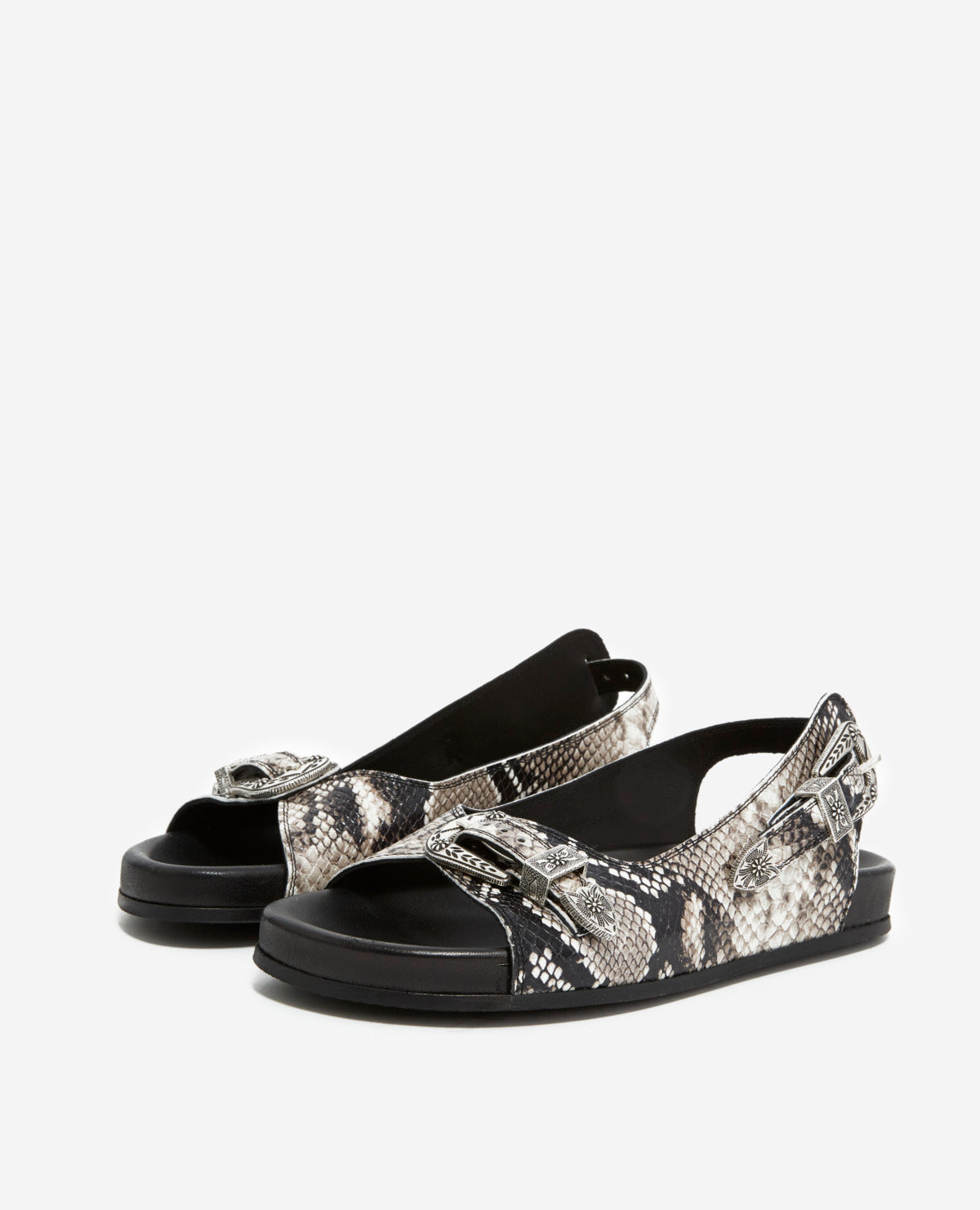 Flat Gray & Leather Sandals With Motif | Women | Black Grey