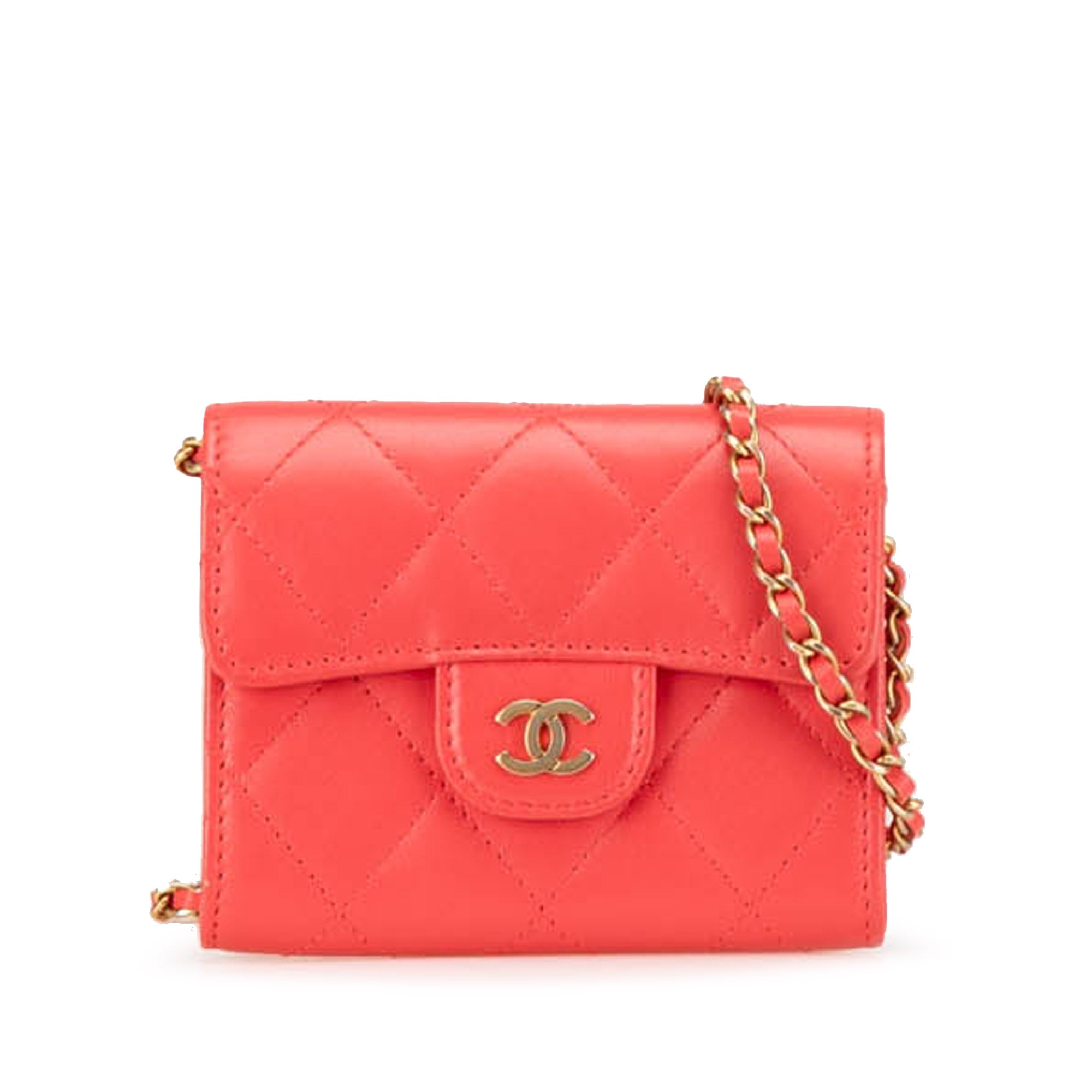 Chanel | Pre-Owned Quilted Lambskin Flap Card Holder on Chain | Red