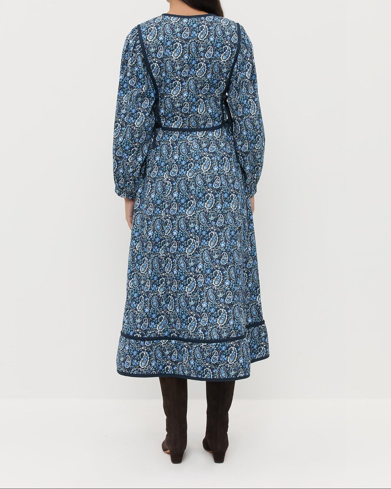 Ainsley Dress in quilted cotton with a blue paisley floral design and Marley Brown Suede Tall Boots.