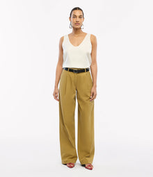 Another Tomorrow Cotton Relaxed Wide Leg Pant in Thyme – Cotton Women's Trousers