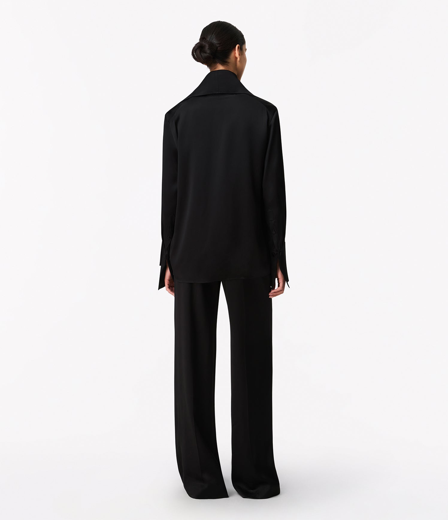 Another Tomorrow Band Collar Blouse With Scarf in Black – Satin Women's Top