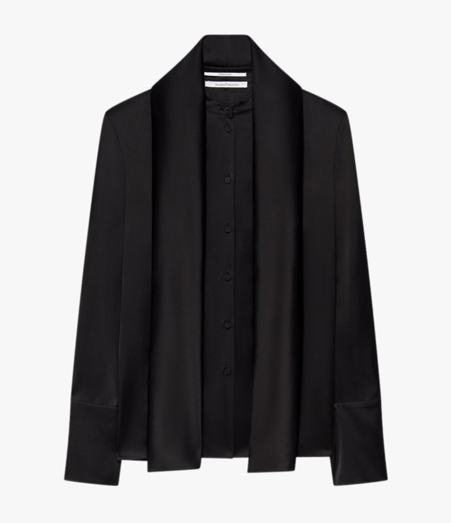 Another Tomorrow Band Collar Blouse With Scarf in Black – Satin Women's Top