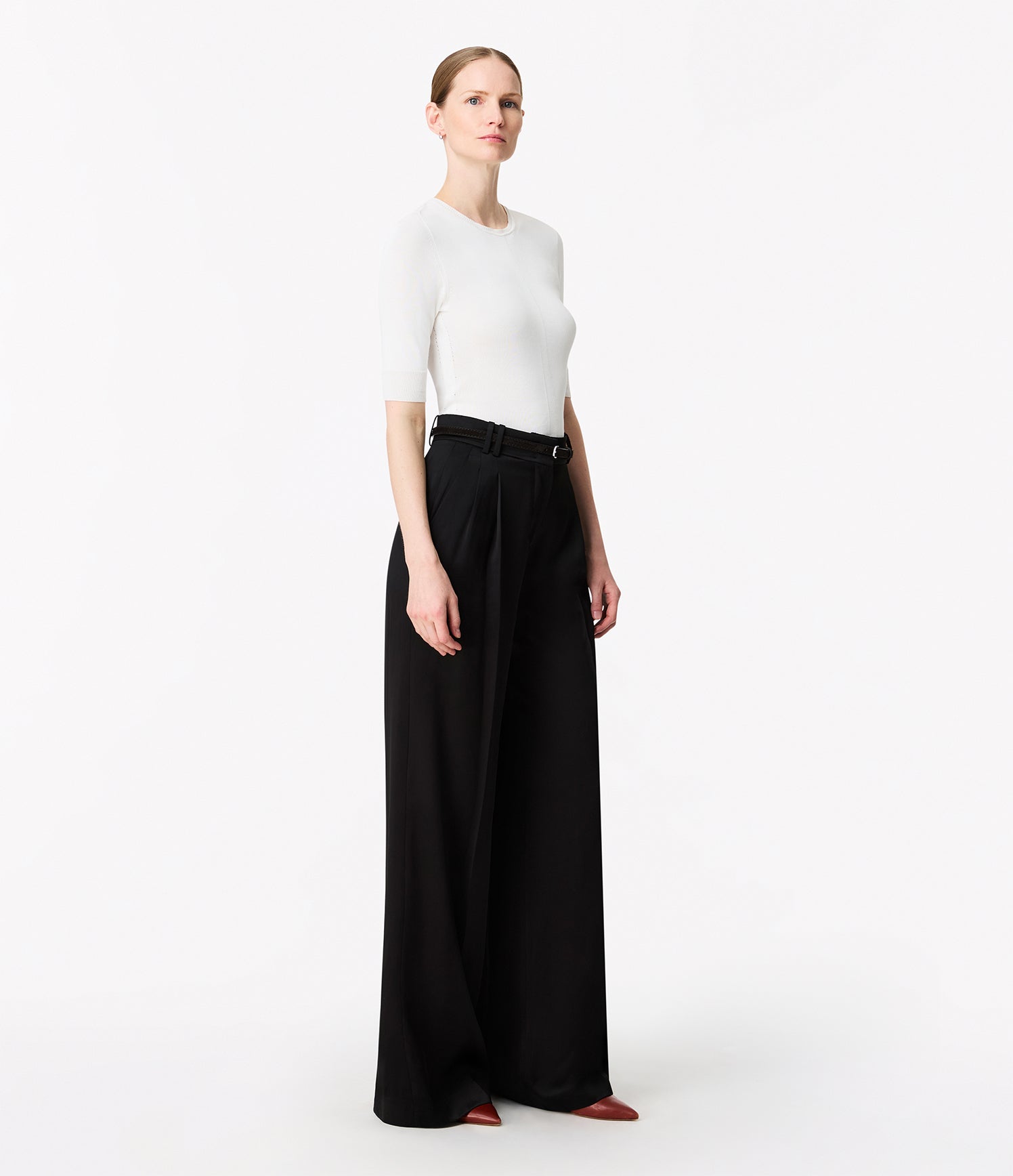 Another Tomorrow Satin Pleated Trouser in Black – Satin Women's Trousers