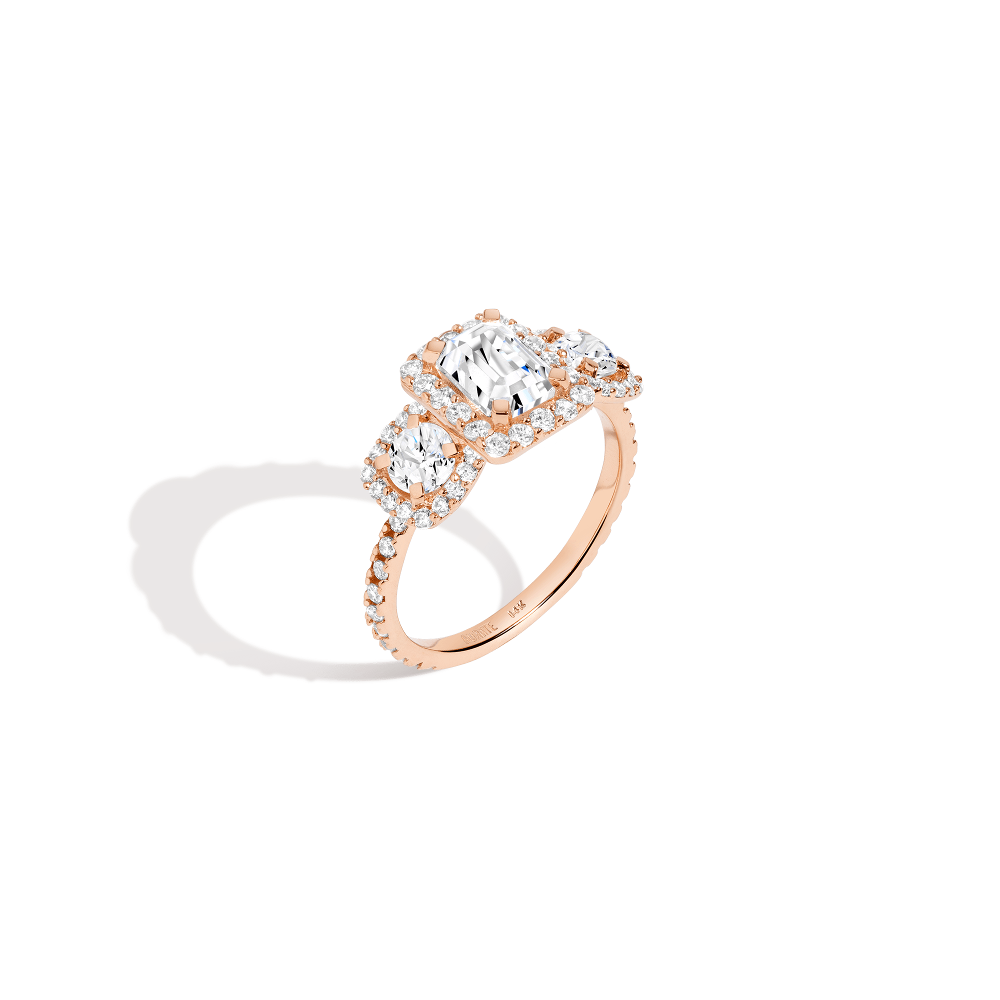 Pave Emerald Tri-Diamond Ring 14K 18K Platinum Rose Gold Lab-grown Natural First