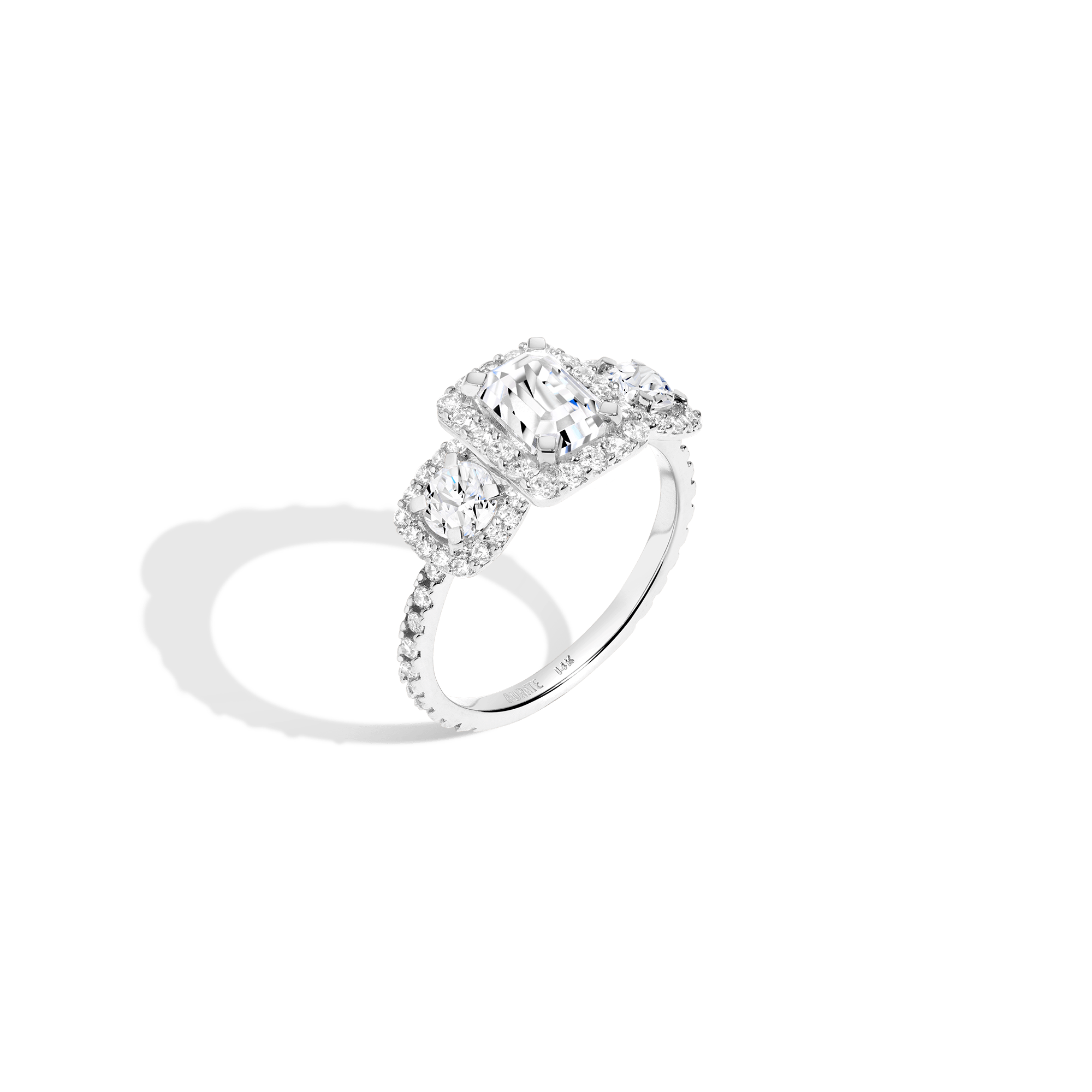 Pave Emerald Tri-Diamond Ring 14K 18K Platinum White Gold Lab-grown Natural First
