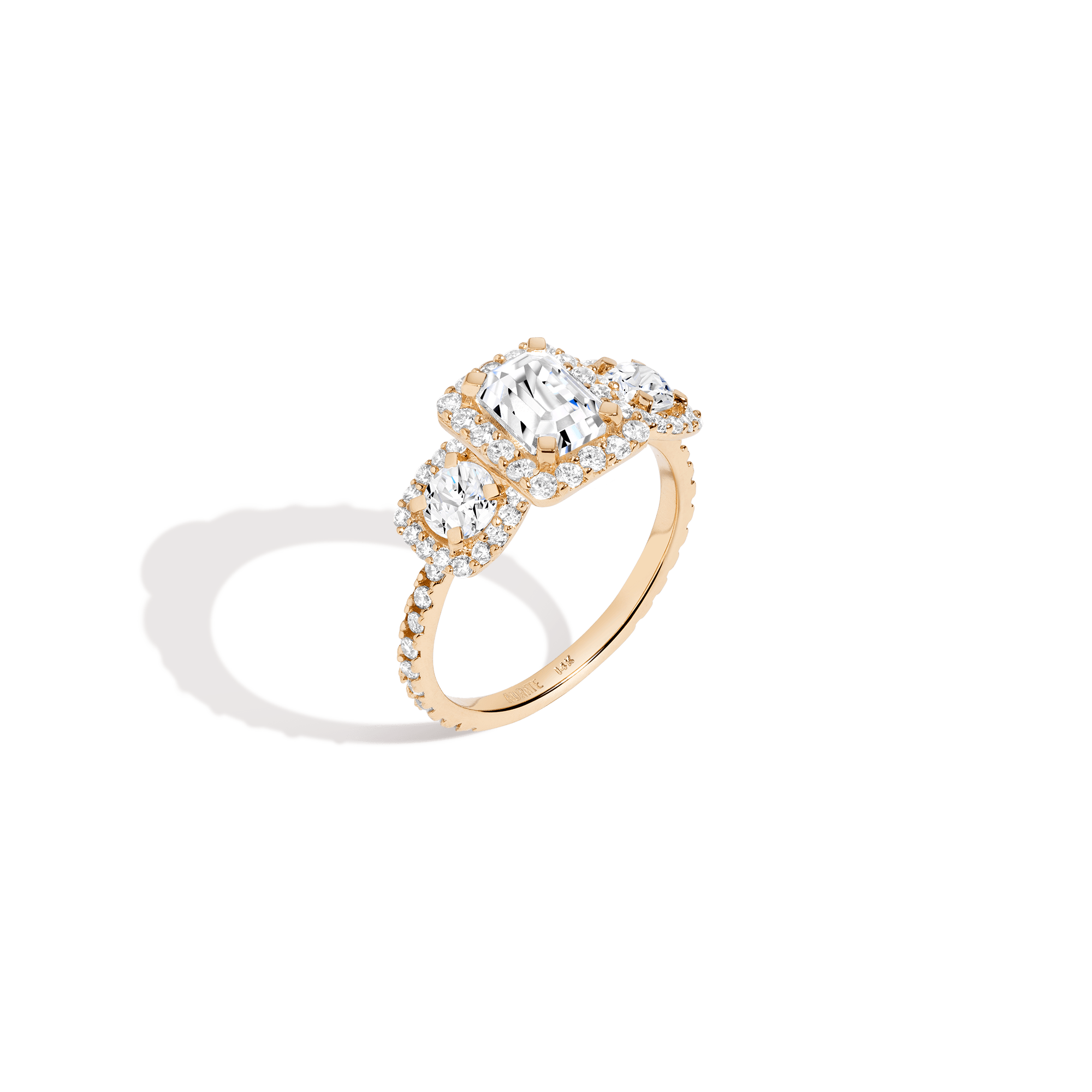 Pave Emerald Tri-Diamond Ring 14K 18K Platinum Yellow Gold Lab-grown Natural First
