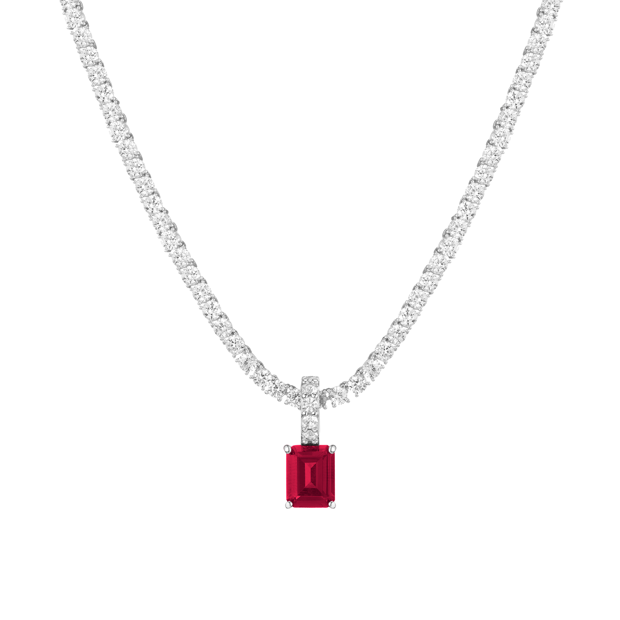 Emerald Cut Tennis Charm Pendant Vermeil White Gold Lab Grown Red Ruby