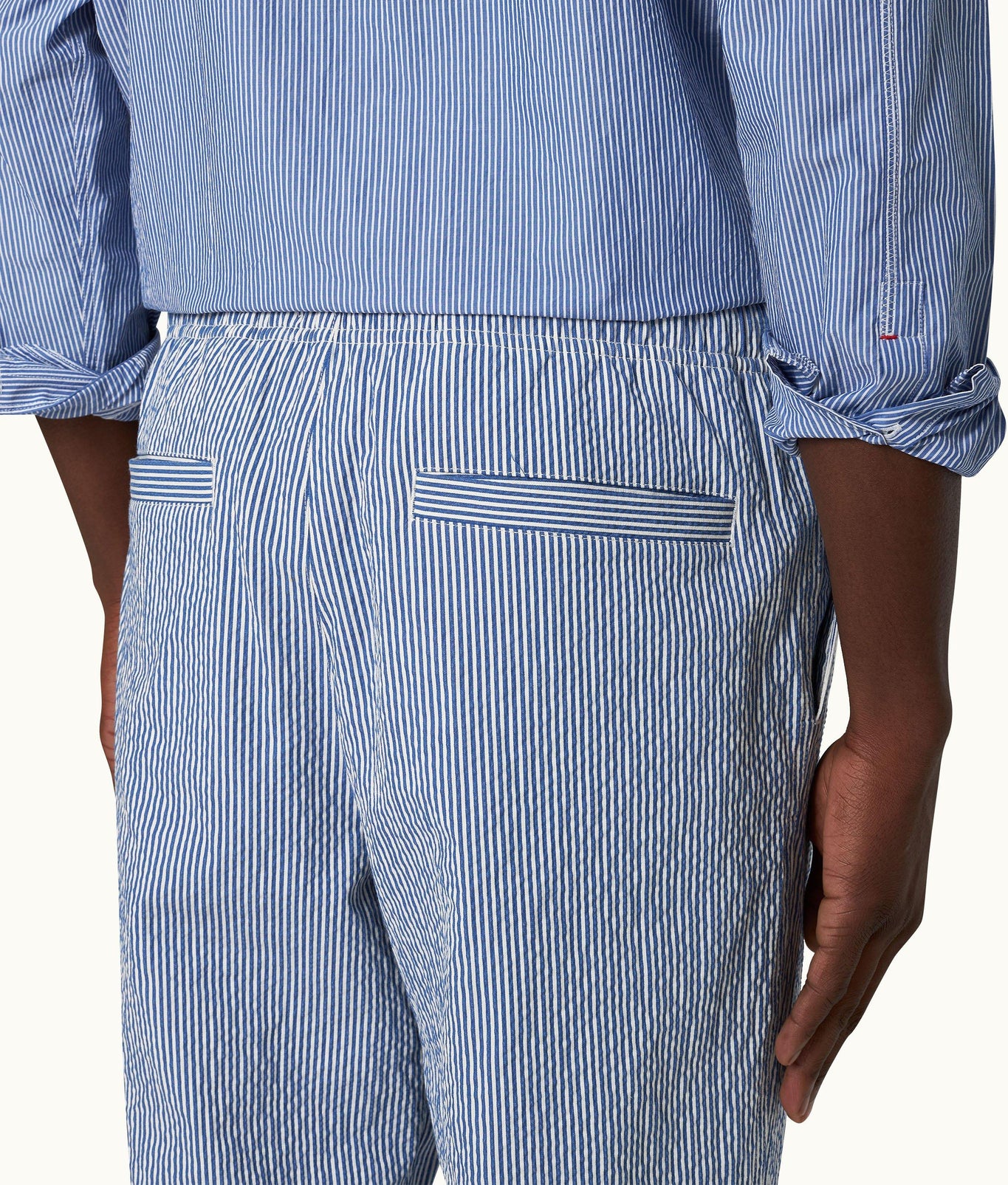 Alex Seersucker Seersucker Relaxed Fit Drawcord Trousers | Blueberry/White Stripe