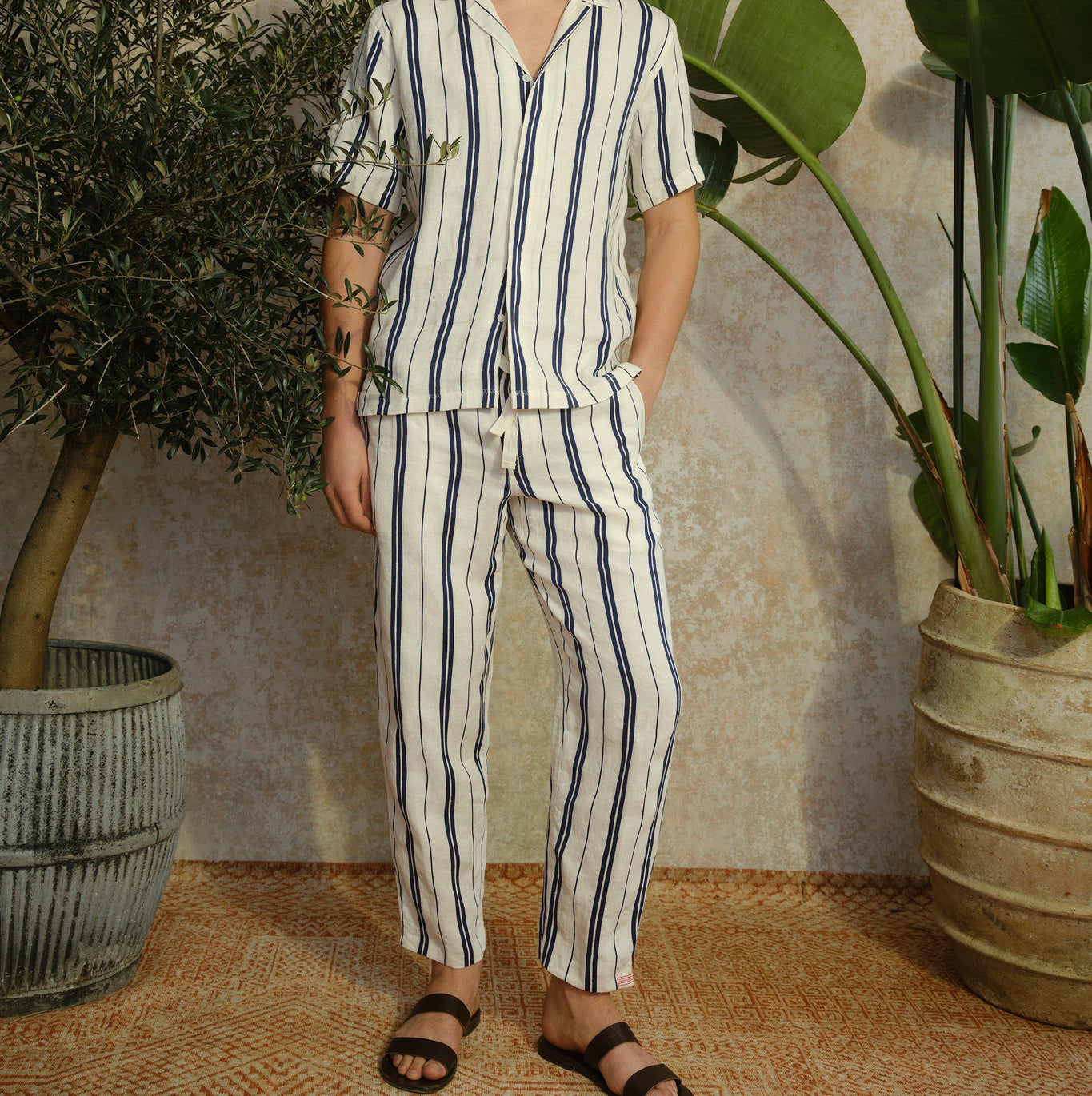 Alex Stripe Stripe Relaxed Fit Linen-Cotton Drawcord Trousers | Azul Blue/Cashew