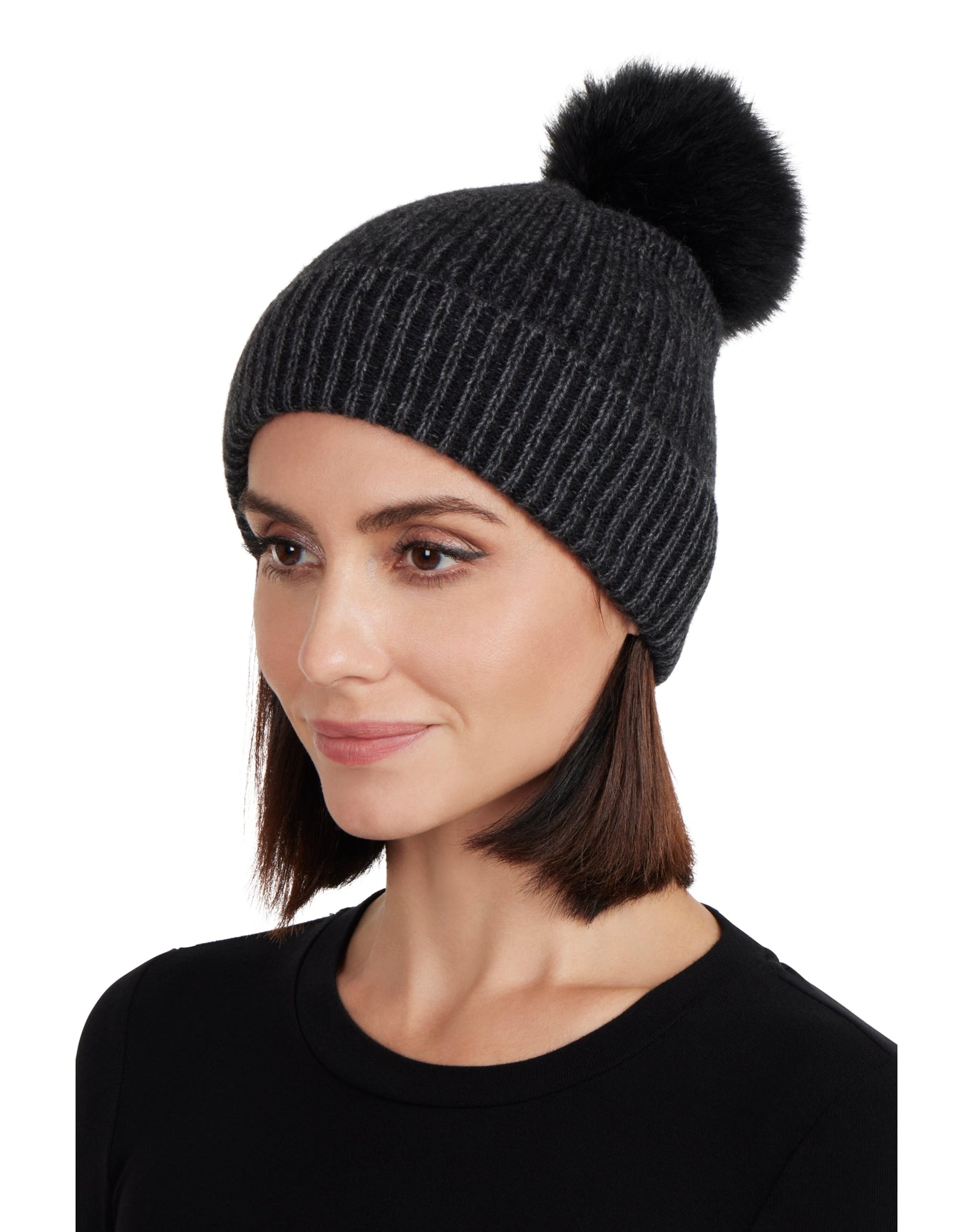 Amicale Cashmere | Wome | 2 Tone Ribbed Hat With Shearling Pom | Black