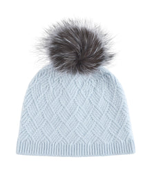 Amicale Cashmere | Women | Cashmere Basketweave Rib Hat W/ Fox Pom | Lt. Blue