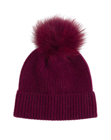 Amicale Cashmere | Women | Cashmere Chunky Rib Knit Hat With Fox Pom | Bordeaux