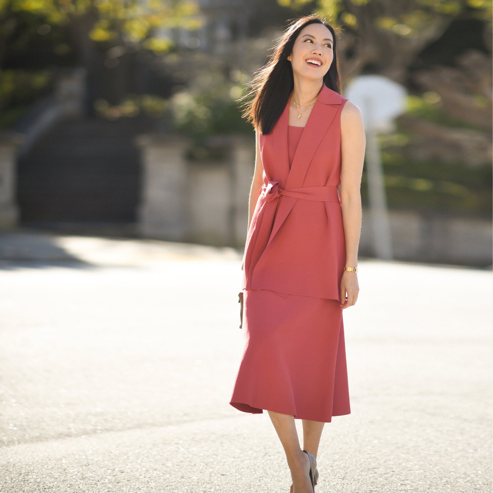 front image of Anh wearing the anh jardigan in carnation