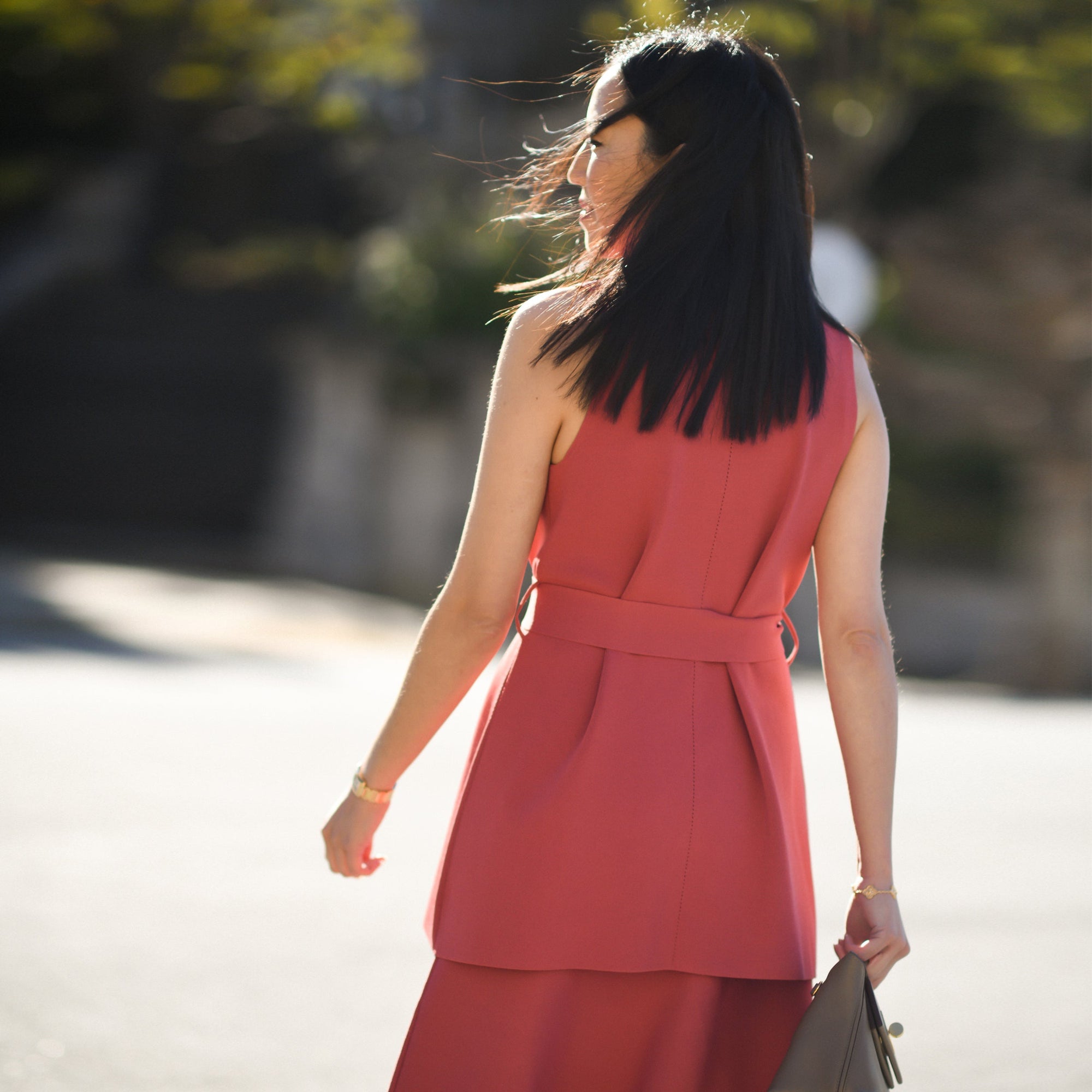 back image of Anh wearing the anh jardigan in carnation
