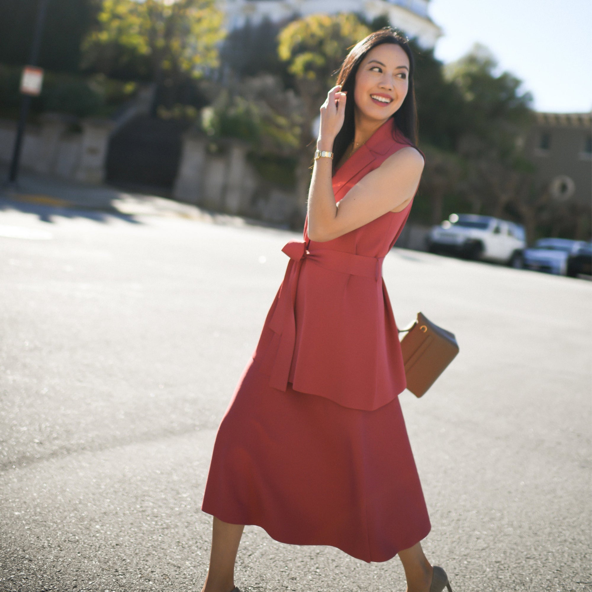 front image of Anh wearing the anh jardigan in carnation