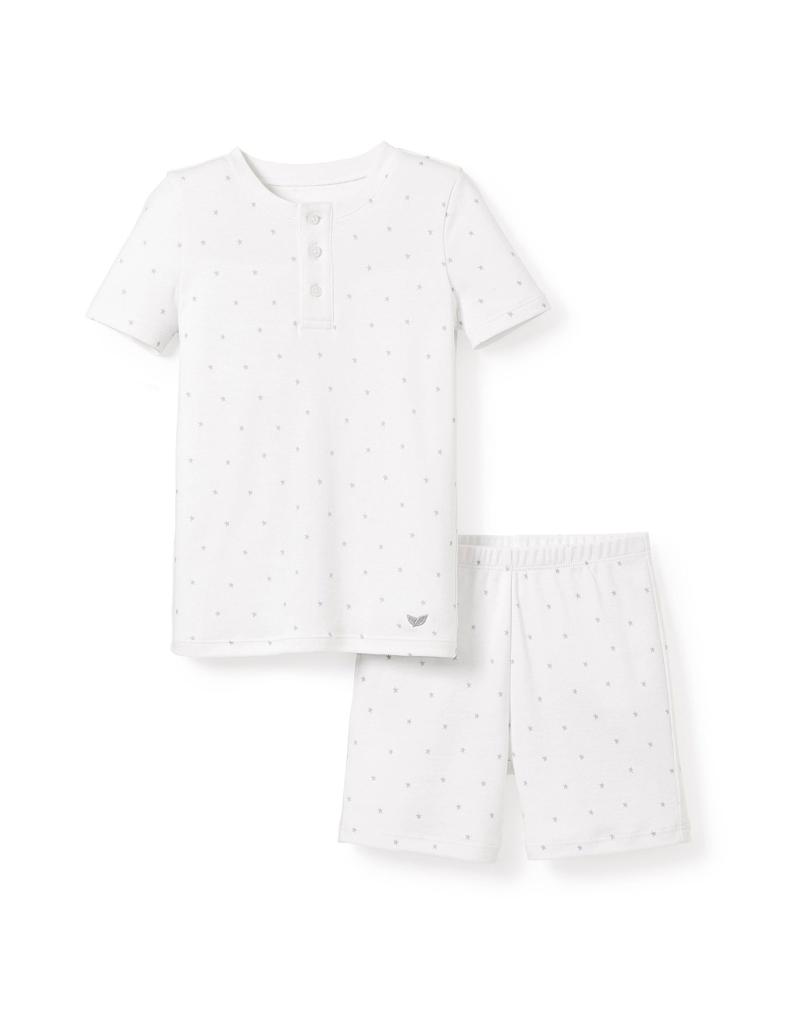 The Petite Plume Kids Pima Snug Fit Pajama Short Set in Grey Stars includes a short-sleeve top and elastic waistband shorts, crafted from soft Pima Cotton for ultimate comfort.