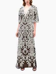 Mirrored Lace Floral Cape Sleeve Gown | Ivory/Black