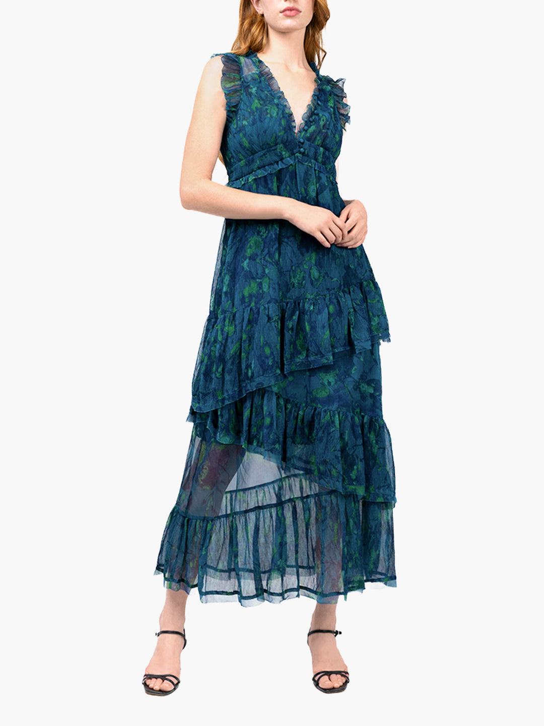 Watercolor Blooms Pleated Chiffon Maxi Dress | Teal