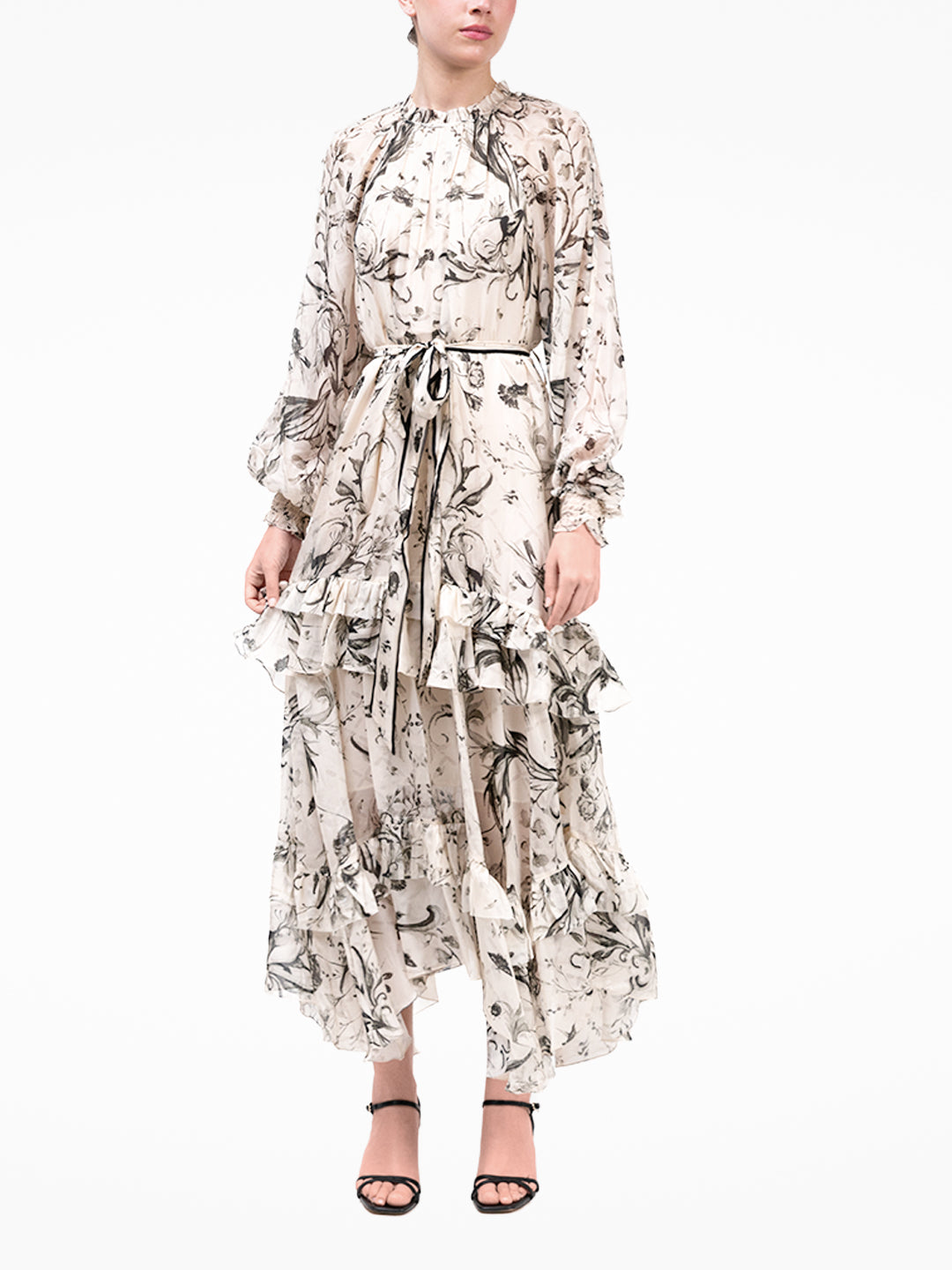 Swan Print Chiffon Belted Maxi Dress | Stone