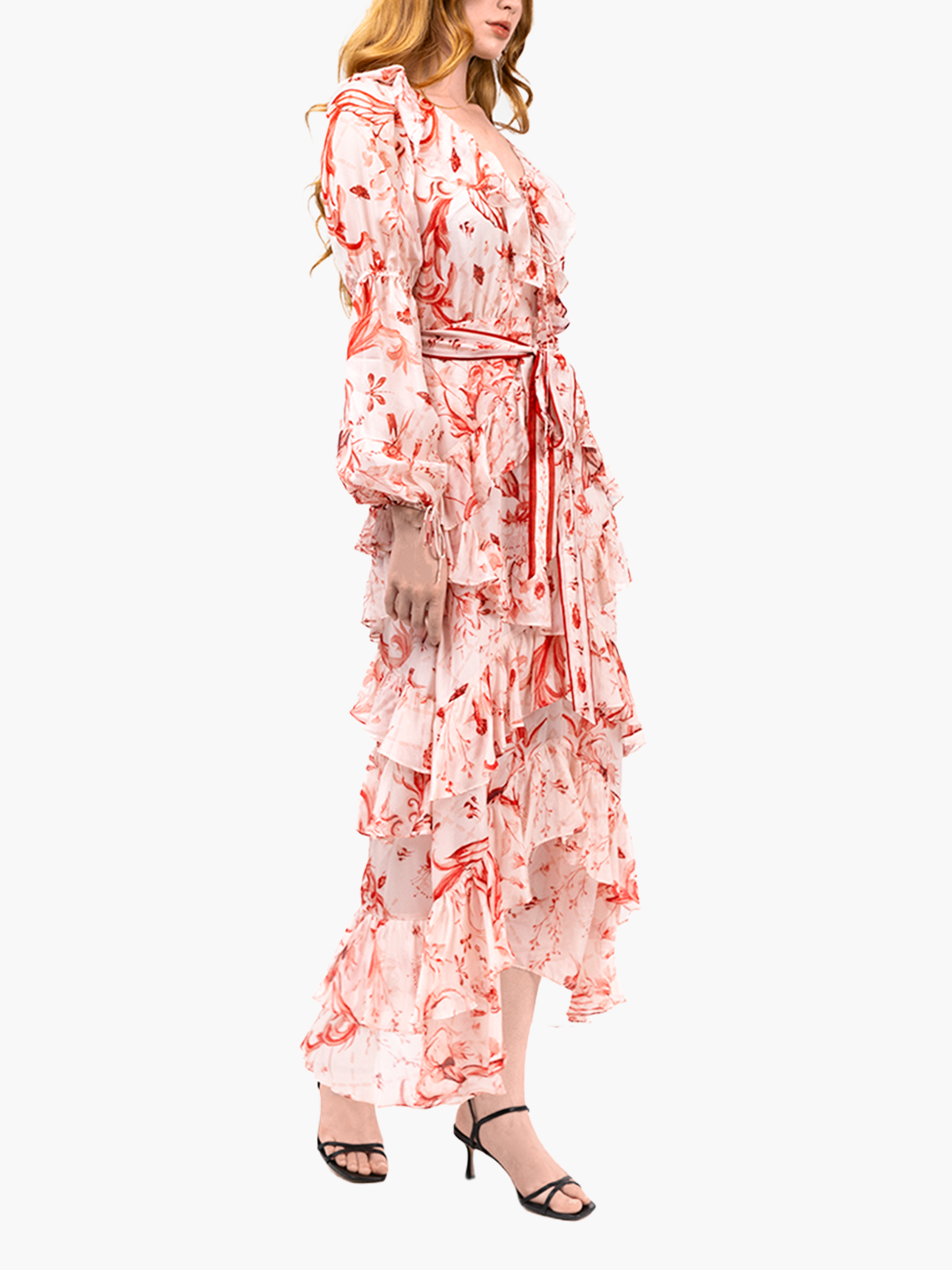 Swan Print Chiffon Ruffle Maxi Dress | Red