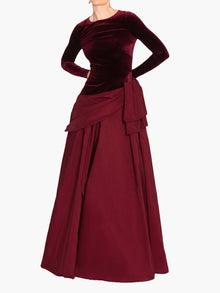 Stretch Velvet Long Sleeve Draped Bow Gown | Burgundy
