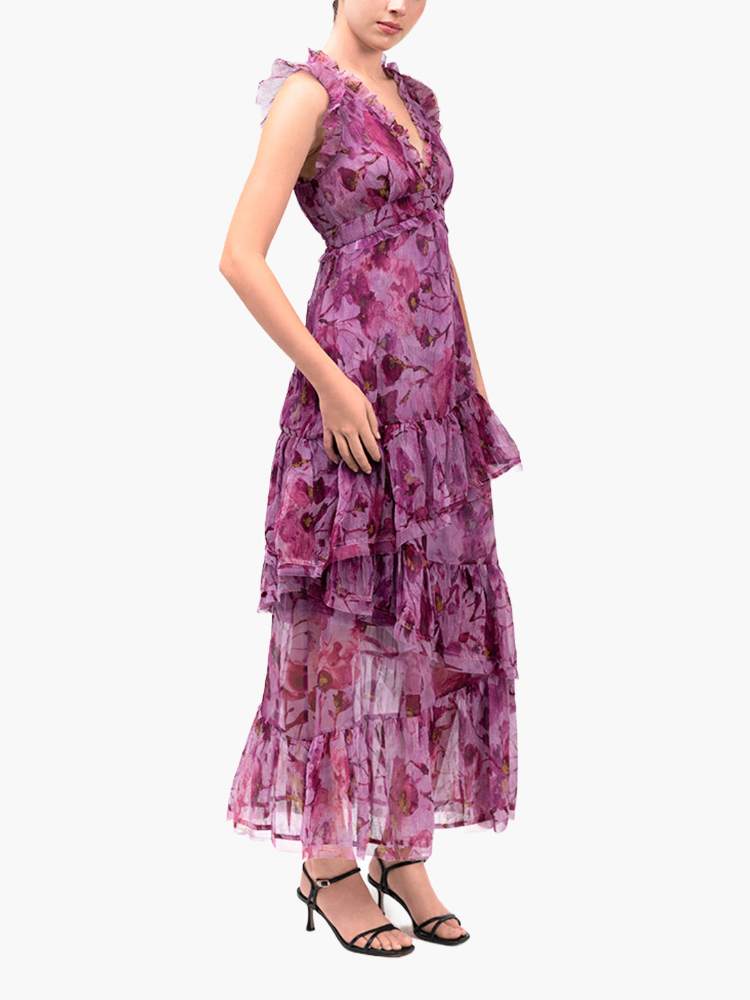 Watercolor Blooms Pleated Chiffon Maxi Dress | Pink