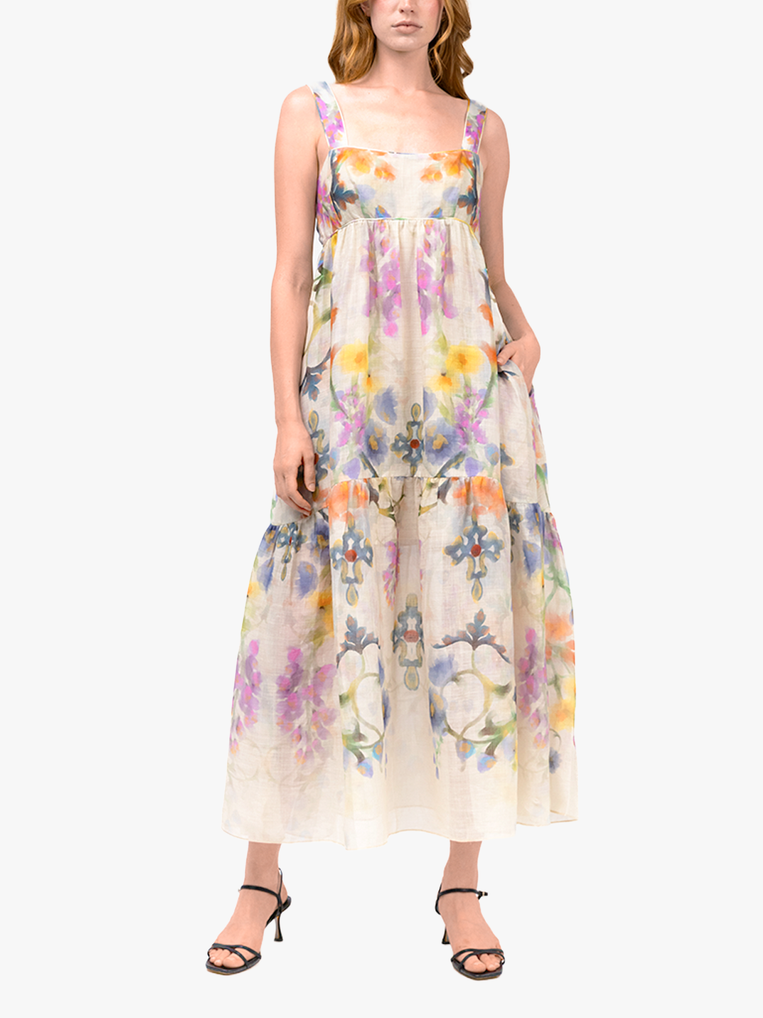Ramie Square Neck Maxi Dress | Cream Multi