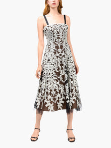 Mirrored Lace Floral Midi Dress | Ivory/Black
