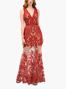 Mirrored Lace Floral Sleeveless Gown | Red