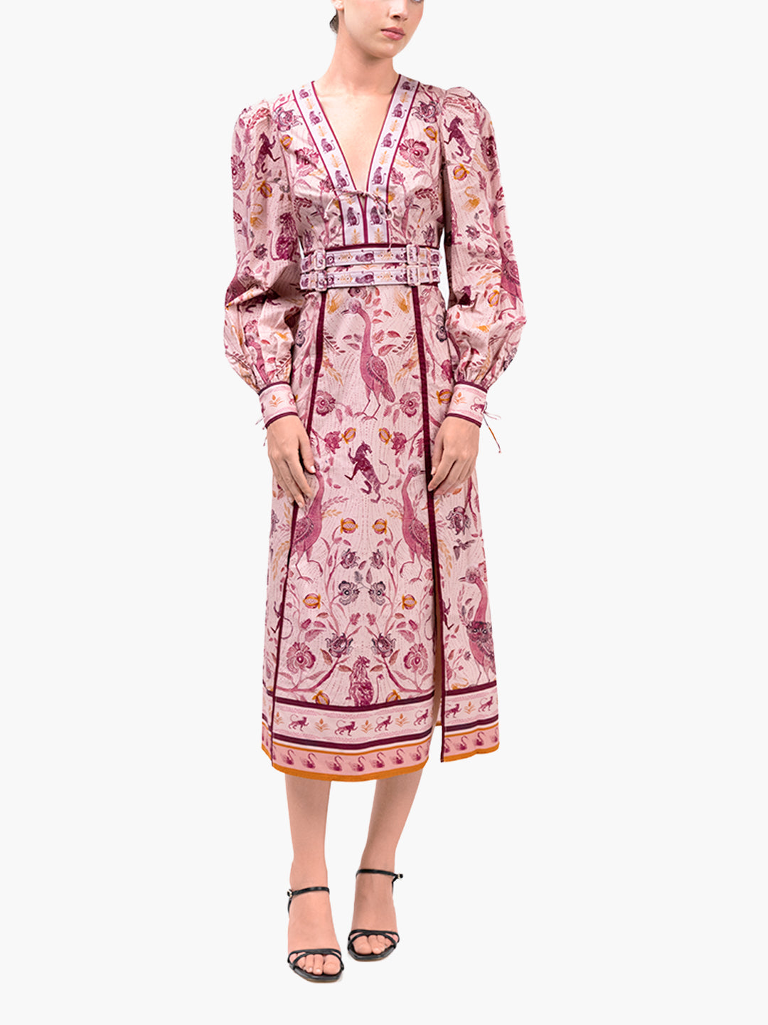 Cotton Poplin Peacock Midi Dress | Pink Multi