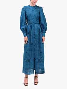 Embroidered Cotton Voile Tiered Maxi Dress | Teal