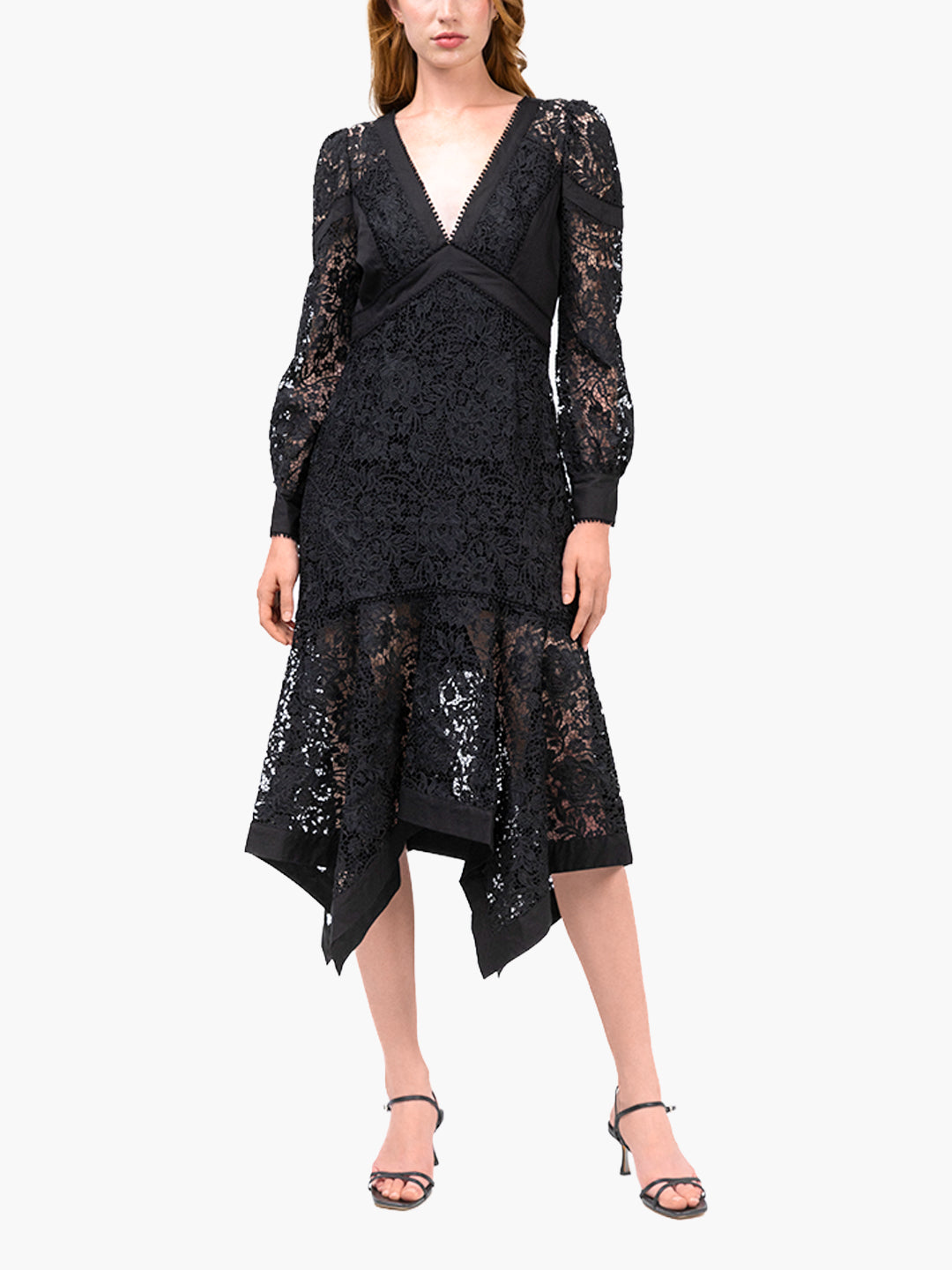 Lace Guipure Handkerchief Midi Dress | Black