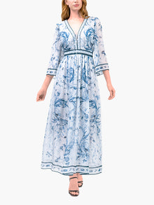 Swan Print Chiffon Gathered Maxi Dress | Blue